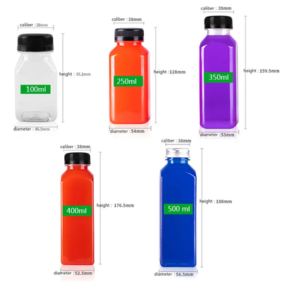 مصنع بيع بالجملة 250ml 350ml 500ml زجاجات مشروبات بلاستيكية مقاومة للحرارة مربعة مع غطاء
